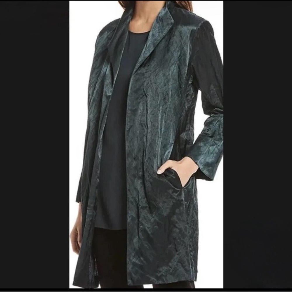 Eileen Fisher Steel Satin Cotton Blend Long Jacket reg $398 size XS